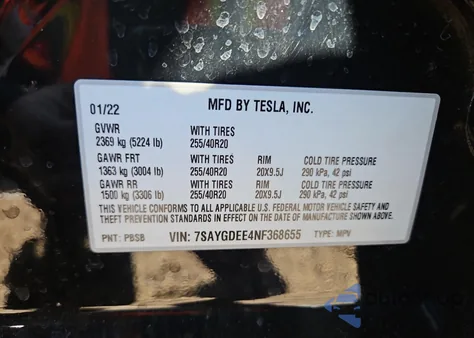 2022 Tesla Model Y from USA, damaged, VIN 7SAYGDEE4NF368655